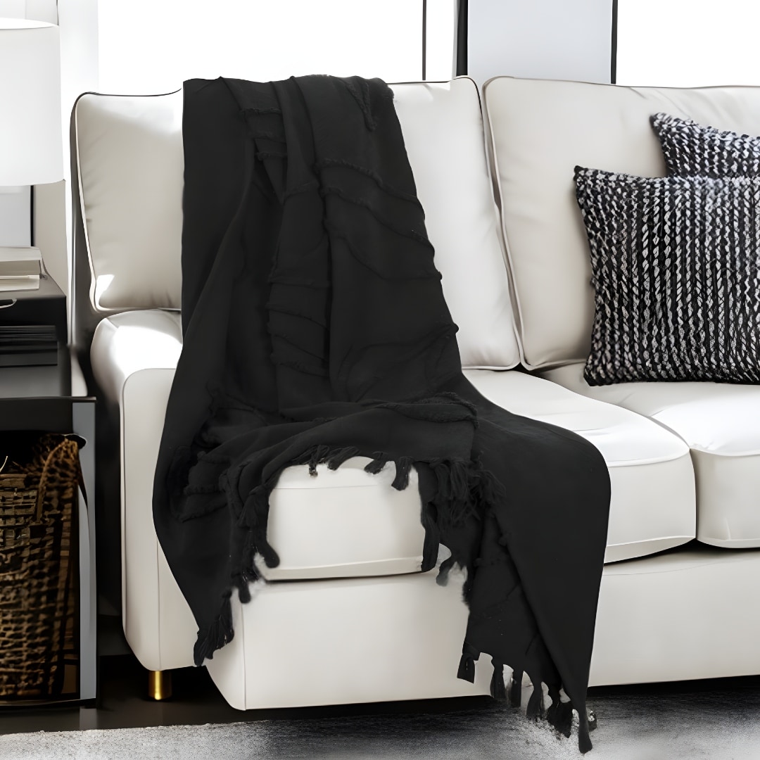 HomeRoots Black Woven 100% Woven Textured Cotton Throw Blanket