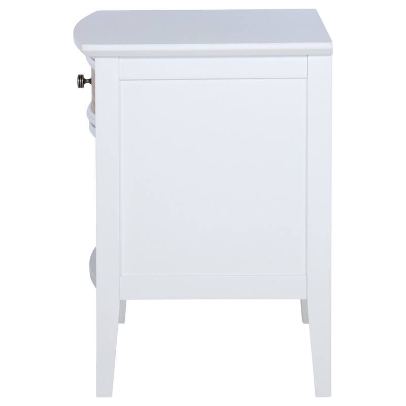 White 1-Drawer Nightstand with Natural Rattan Accents, Felt Lining and Open Shelf for Coastal Modern Style