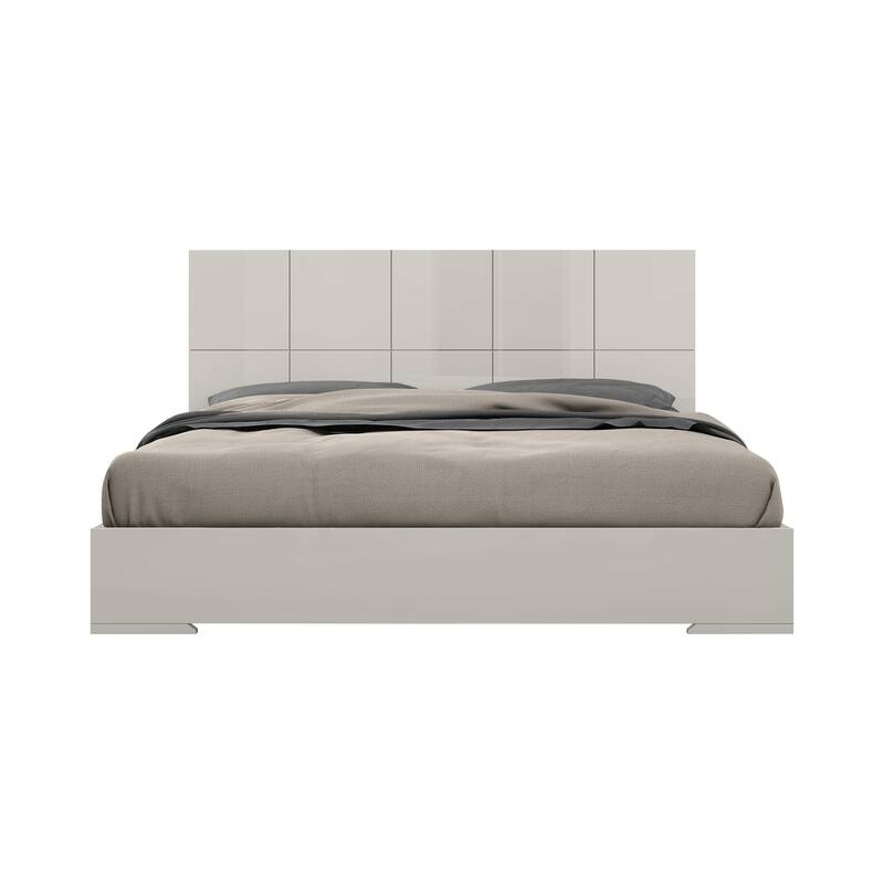 King Size Bed with Modern Square Headboard - Light Grey High Gloss Finish Bedroom Furniture