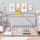 preview thumbnail 22 of 39, Twin Floor Bed with House Roof Frame, Safety Guardrails, and Fence Design Pink - Twin