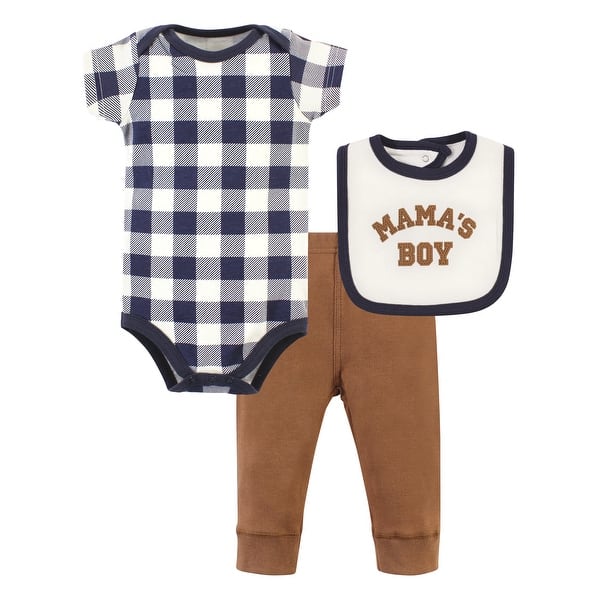 slide 1 of 1, Hudson Baby Infant Boy Cotton Bodysuit, Pant and Bib Set, Brown Navy Mamas Boy 0-3 Months - Brown Navy Mamas Boy