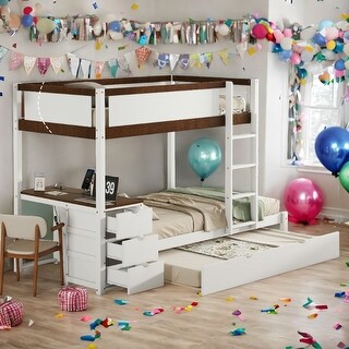 Twin-Over-Twin Bunk Bed with Twin size Trundle, Storage and Desk,