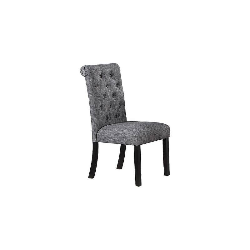 Modern Classic Dining Room Furniture Natural Wood Round Dining Table 4x Side Chairs Charcoal Fabric Tufted Roll Back Top