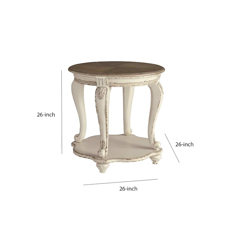 26 in. Antique White and Brown Round Wood End Table, Sturdy Build End Side Table for Living Rooms