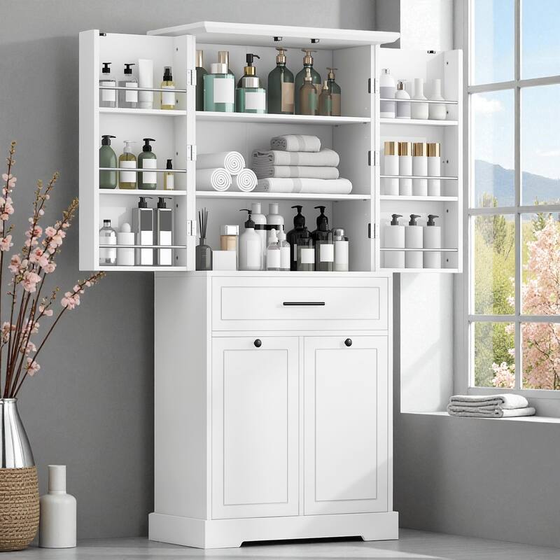 Freestanding Bathroom Storage Cabinet with Doors and Drawers, Tilt-Out Laundry Hamper, Adjustable Shelf for Bathroom