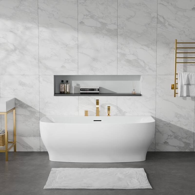 Bank Series 65 in. x 31 in. Flat Bottom Acrylic Freestanding Soaking Bathtub with Center Drain, Brushed Gold Faucet - Brushed Gold