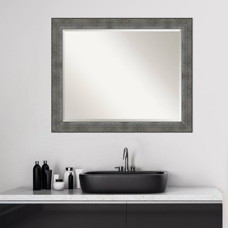 Beveled Wood Bathroom Wall Mirror - Forged Pewter Frame - Forged Pewter
