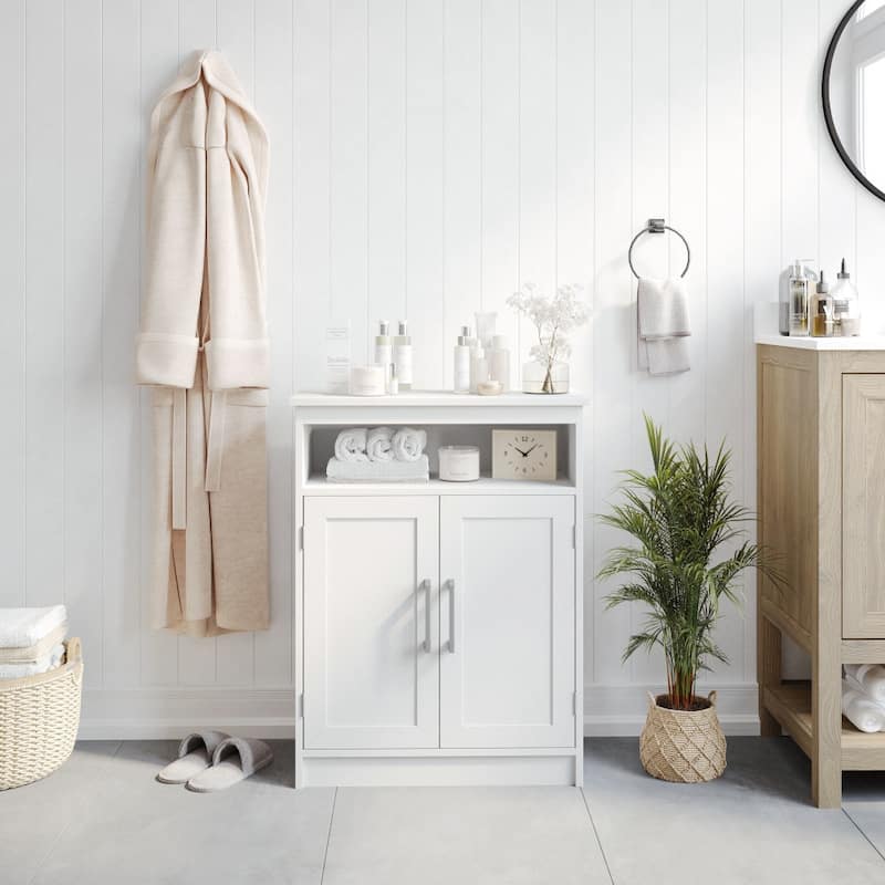 Modern Bathroom Storage Cabinet with Magnetic Close Doors and Shelves - White