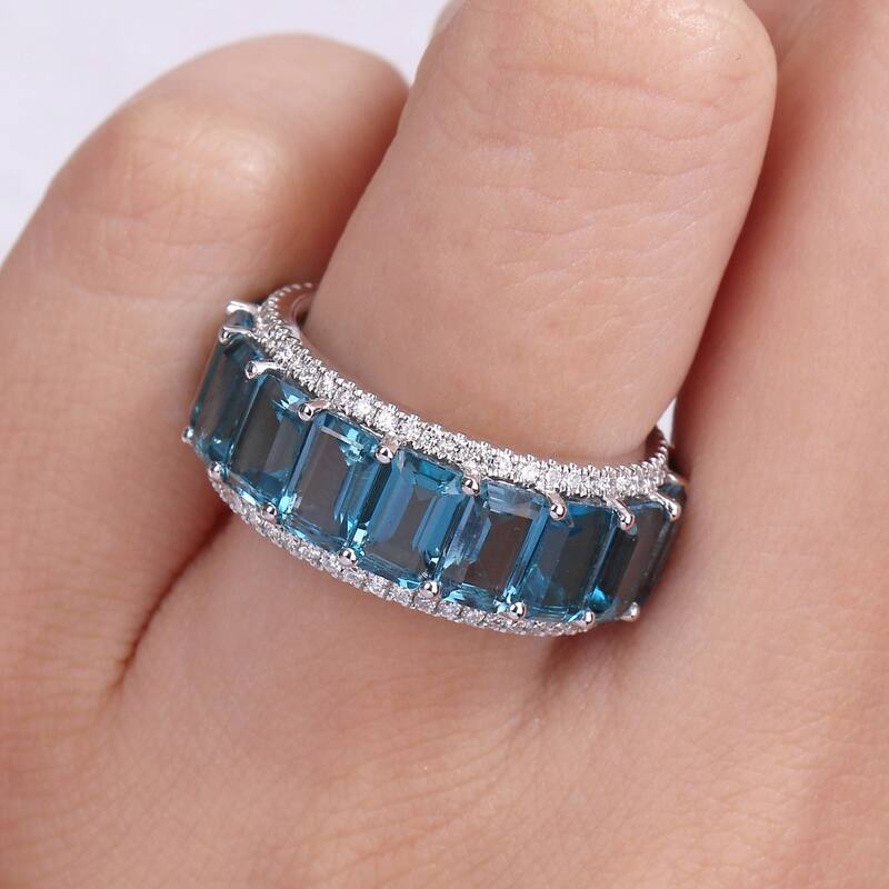 Miadora Octagon-cut London-Blue Topaz & 5/8ct TDW Diamond Full-Eternity Band in 14k White Gold