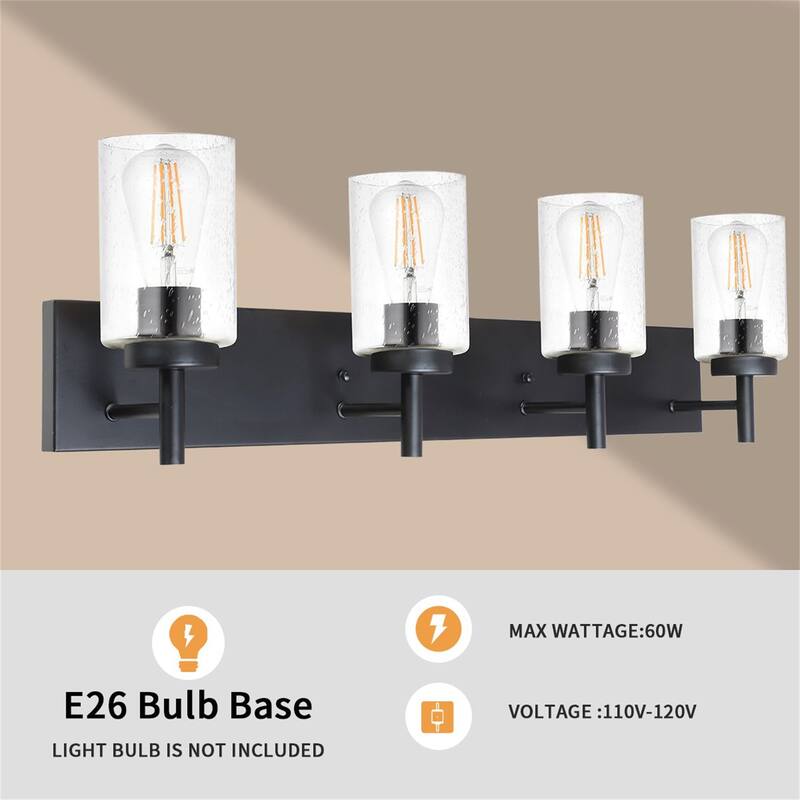 4-Light Black Vanity Light with Seeded Glass Shades