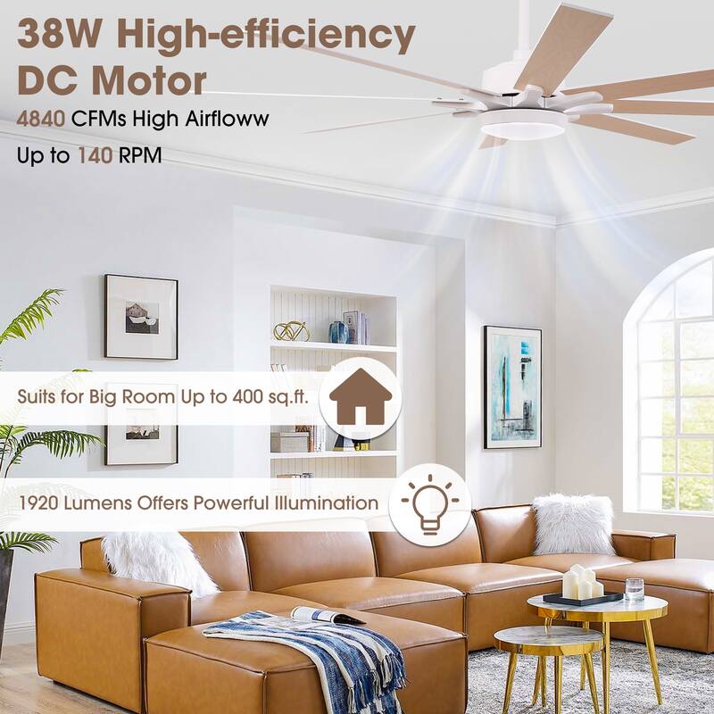 65" Integrated LED White Dimmable Ceiling Fan with Light and Remote - 65" D x 65" W x 13.4" H