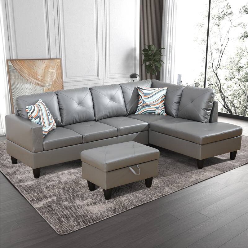 L-Shaped PU Leather Sofa & Chaise with Ottoman - Grey - Right Facing