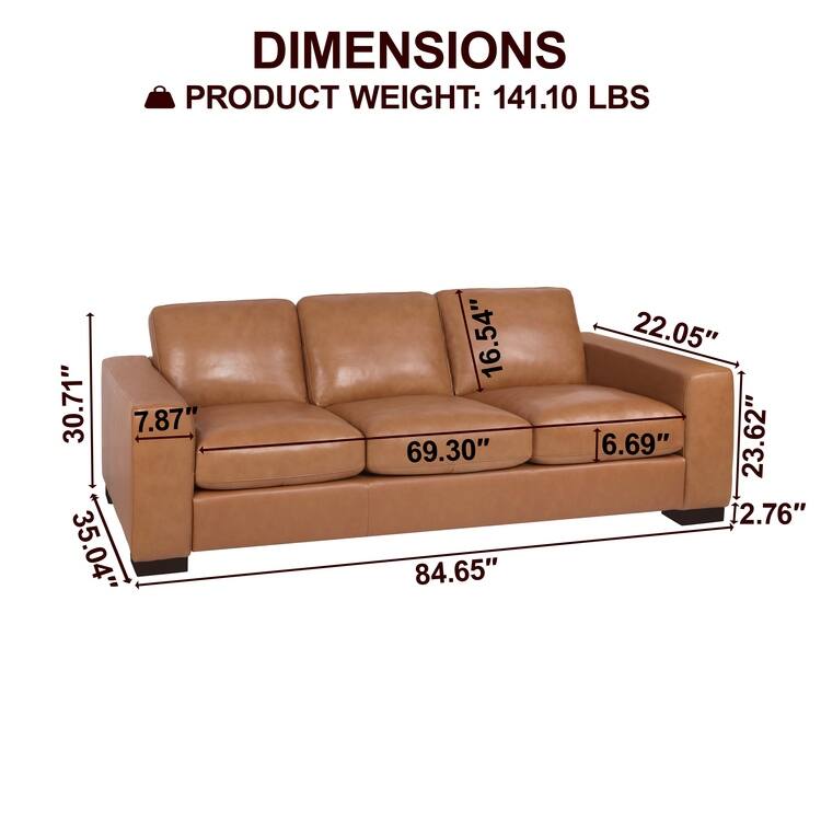 Oversized Genuine Leather Sofa with Plush Feather Cushions, Square Arms, and Sturdy Block Legs