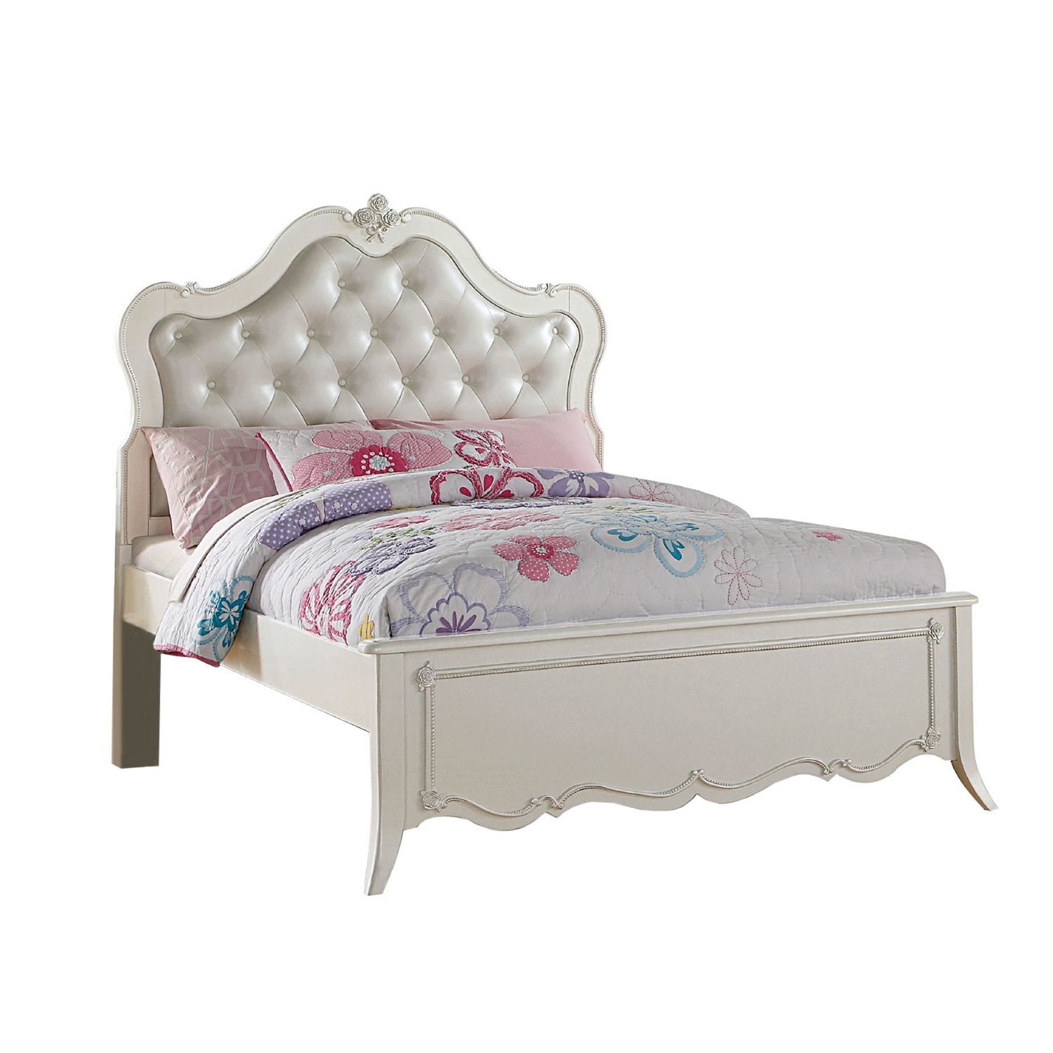Faux Leather Twin Size Bed with Arched Headboard in Pearl White Finish