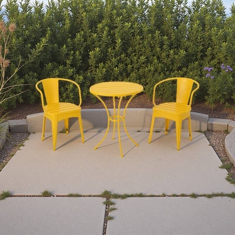 Modern 3-Piece Powder-Coated Iron Bistro Set with Round Slatted Table and Stackable Armchairs for Compact Outdoor Spaces - Yellow