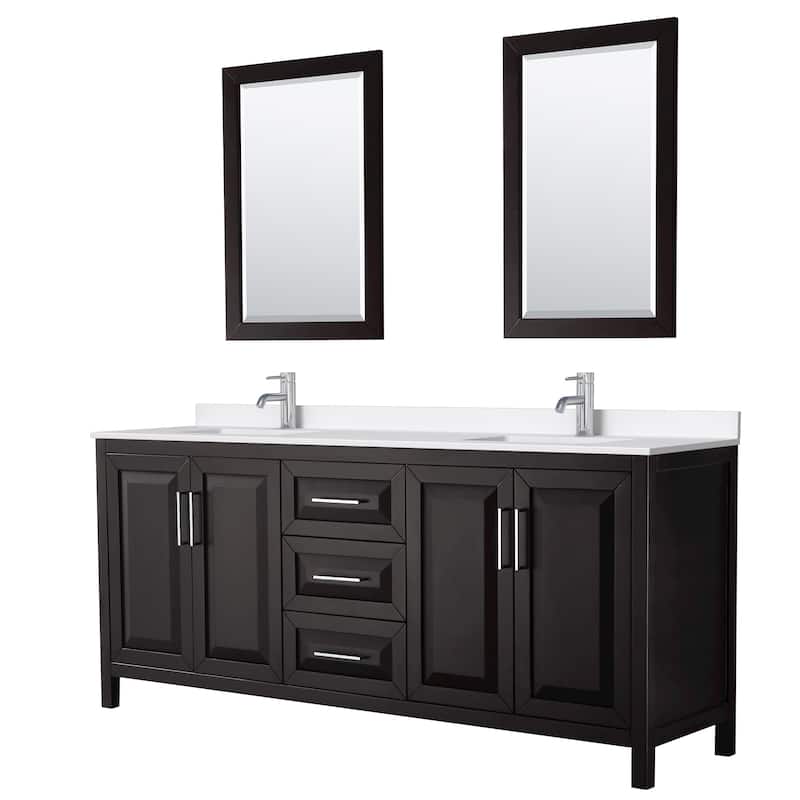 Daria 80-inch Double Vanity, Single Hole Quartz Top, 24-inch Mirrors - Dark Espresso, Chrome Trim, White Quartz Top