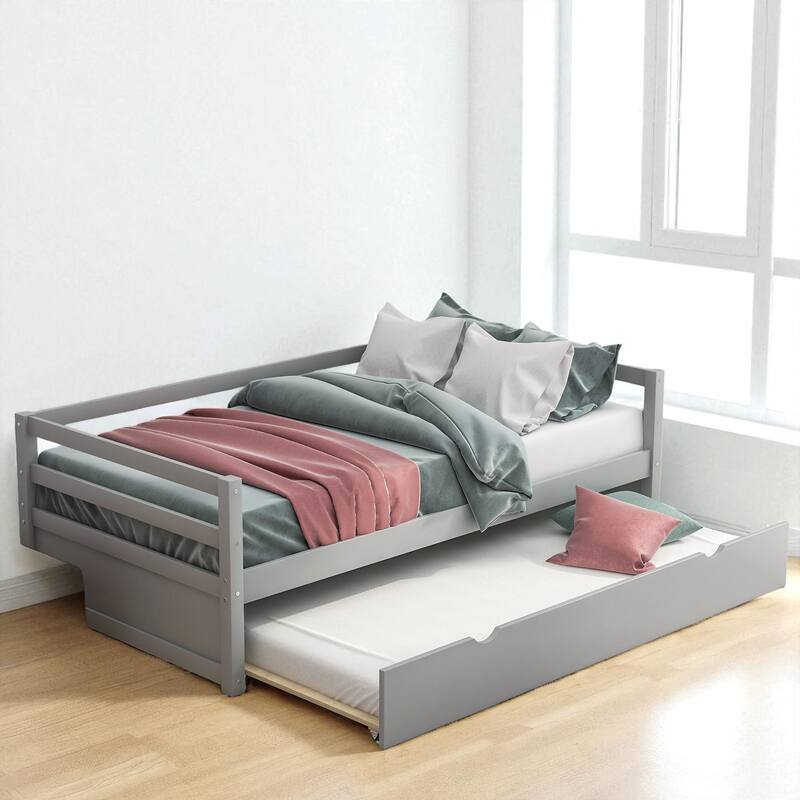 Twin Size Wood Daybed with Trundle, Solid Pine Frame, Guardrails and No Box Spring Required - Grey - Twin