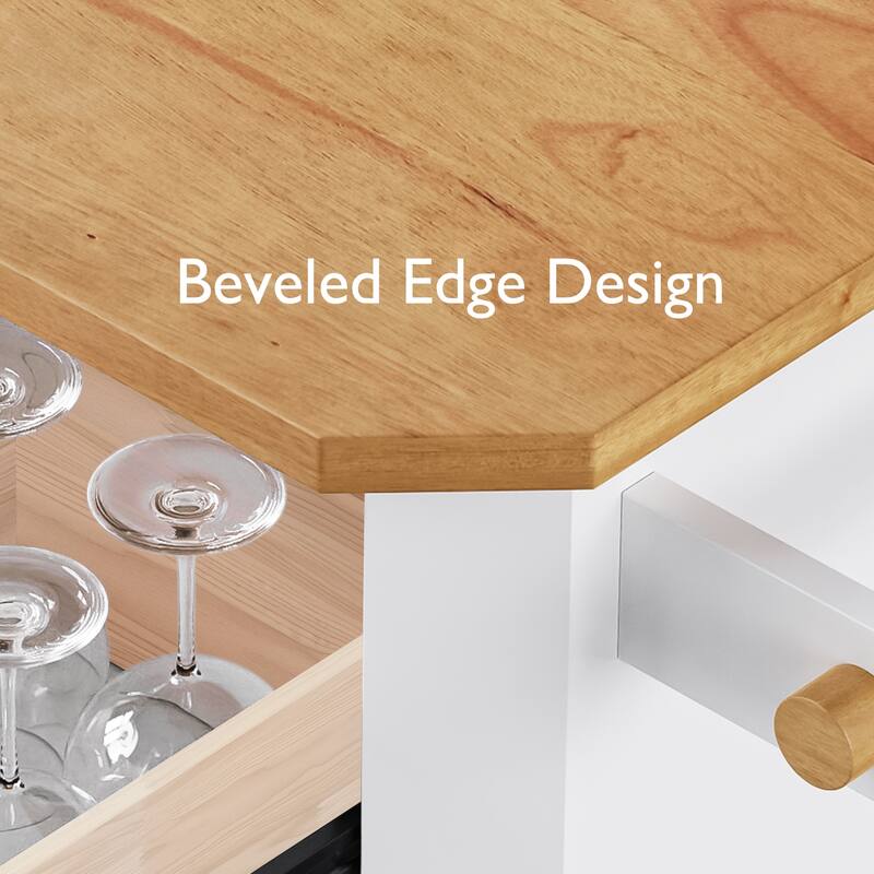 56" Kitchen Island with Drop Leaf & Power Outlet, Rolling Storage Cart with Rubber Wood Veneer Top, 6 Drawers & 4 Door Shelves