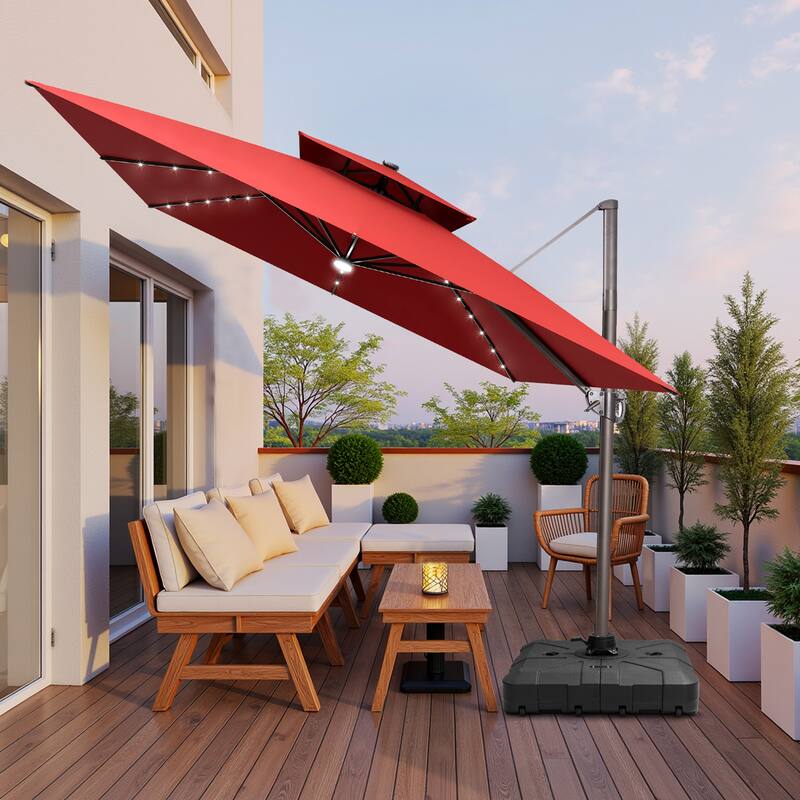 11X11 FT Outdoor Patio Cantilever Umbrella Solar LED Lighted with Wheel Base