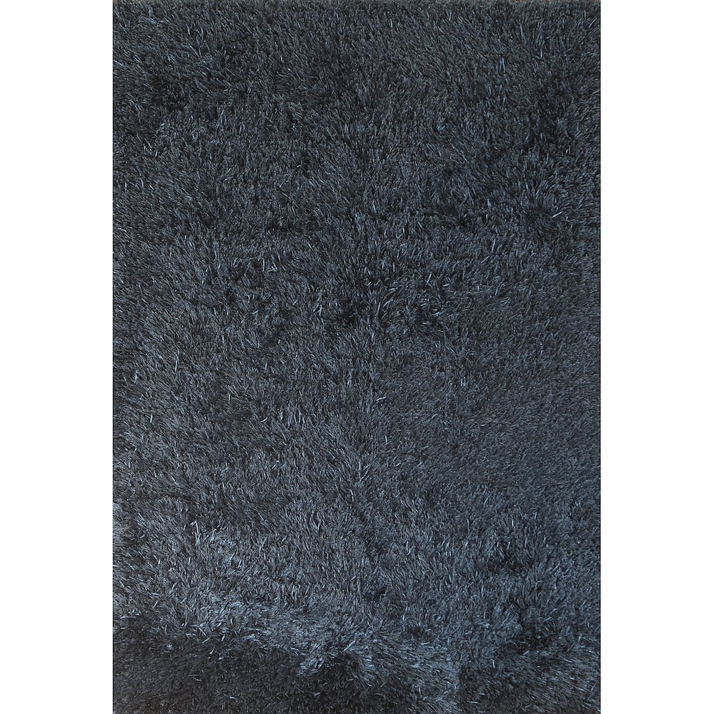 Blue Plush Shaggy Indian Area Rug Hand-Tufted Wool Carpet - 5'0" x 8'0"