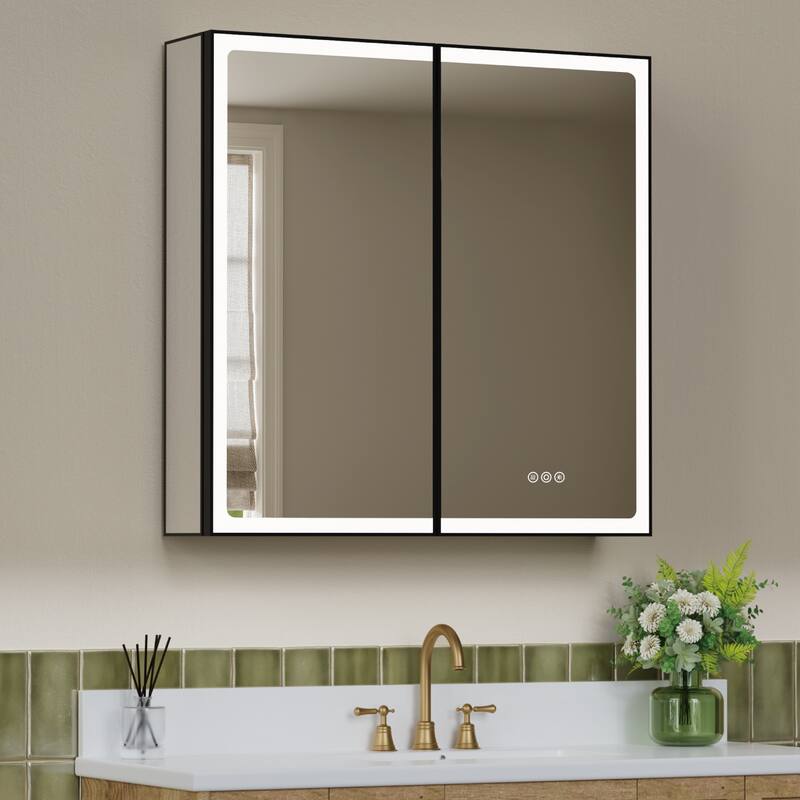 Grand Aluminum Medicine Cabinet with Mirror, Adjustable Shelves, Dimmable Light, Anti-Fog, Recessed or Wall Mount - 32"W x 32"H