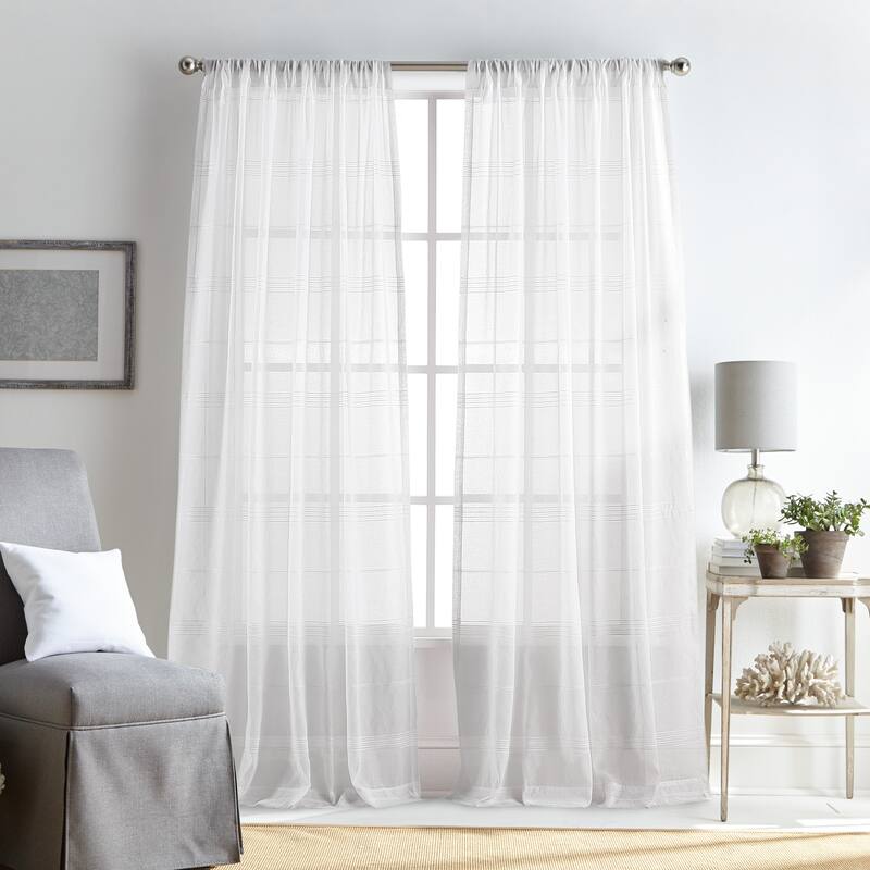 Martha Stewart Delicate Stripe Sheer Rod Pocket Window Curtain Panel Pair - 95-inch - White