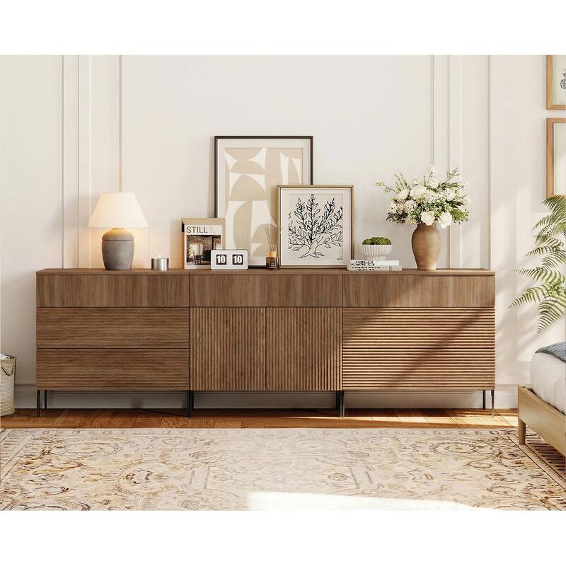 94.5" Modern Reeded 7-Drawer Dresser Set For Bedroom, Minimalist Chest Of Drawers - Walnut