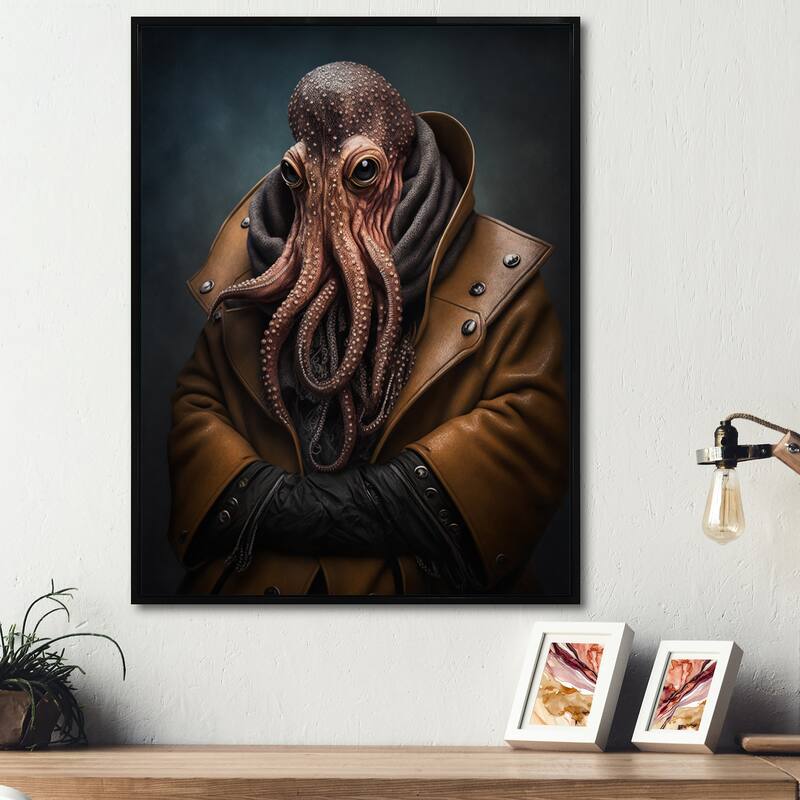 Designart "Anthropomorphic Of Octopus Portrait I" Animals Framed Canvas Art Print - 30 in. wide x 40 in. high - Black