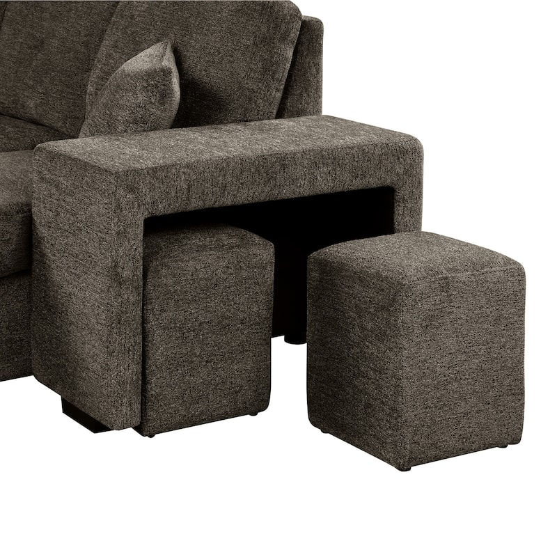 95" Velvet Sectional Sofa with Storage Chaise and 2 Stools and Reversible L-Shape Sofa Bed