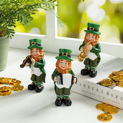 Glitzhome 5"H Set of 3 St Patrick's Leprechaun Musicians Resin Table Decor
