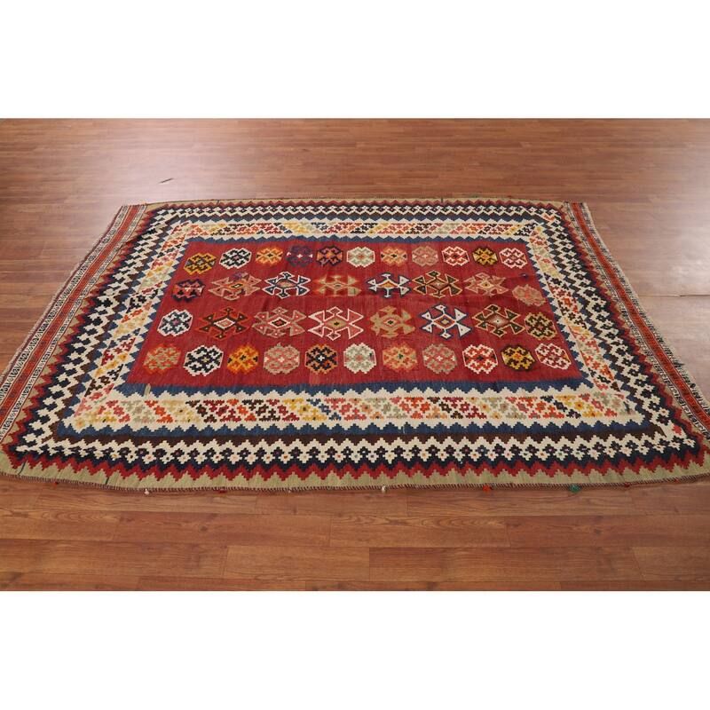 Red Kilim Qashqai Persian Vintage Rug Flatweave Geometric Wool Carpet - 5'4"x 7'7"