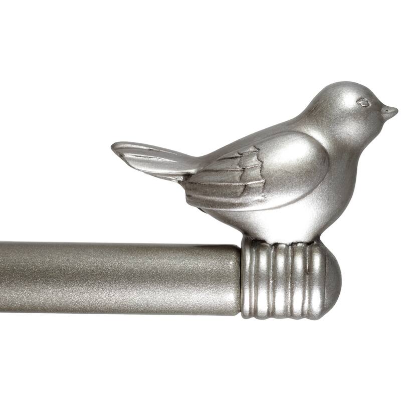 Cute Bird Finial Adjustable Decorative Designer Curtain Rod - 48"-84" - Glossy Silver/Pewter