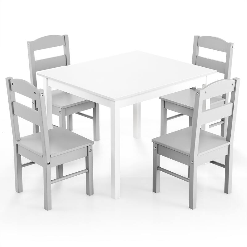 5 PCS Kids Table & Chair Set Wooden Children Activity Furniture - White+Grey