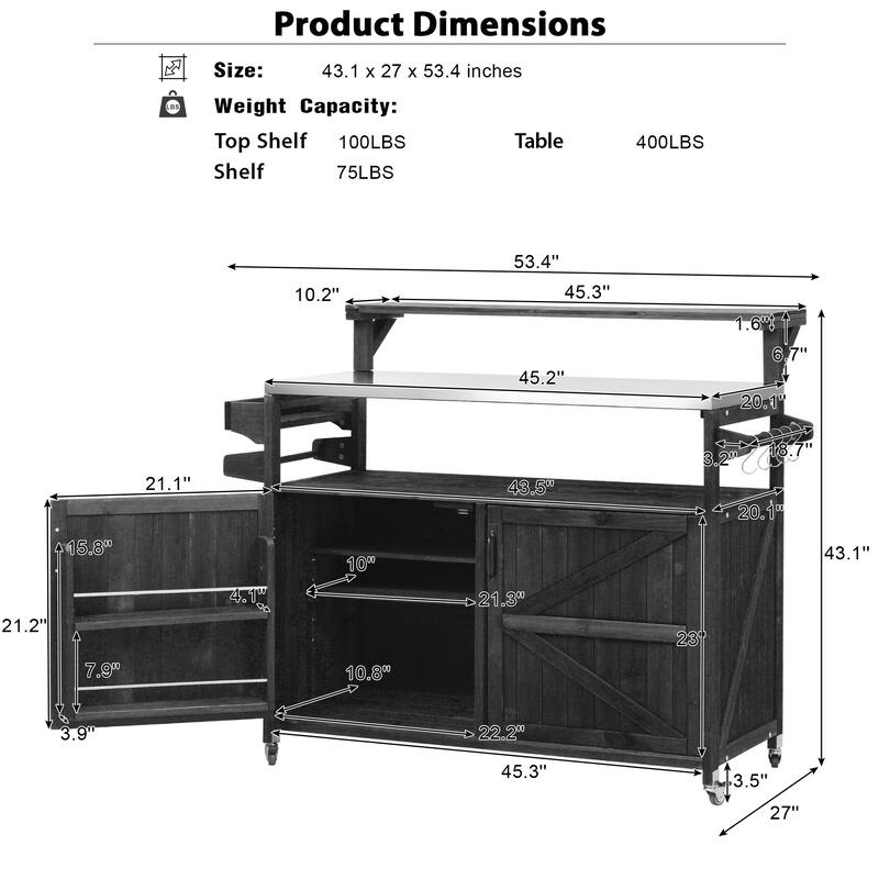 53.3" Outdoor Kitchen Island with Raised Shelf,Solid Wood Storage Cabinet with Stainless Steel Top(NO CHAIR) - N/A