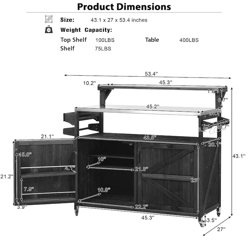 Anmytek 53.3" Outdoor Kitchen Island Grill Cart Stainless Steel Top Solid Wood Storage Black