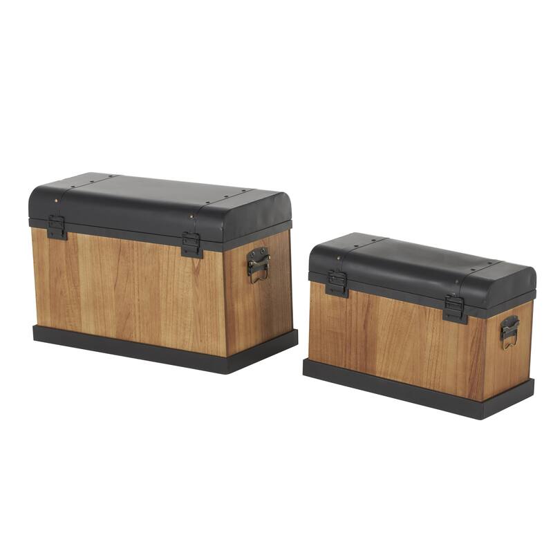 Wooden Storage Decorative Trunk with Black Metal Tops and Gold Studs - Set of 2 Brown - Roche River Decor