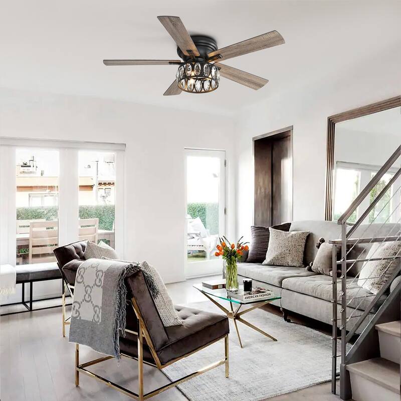 52 inch 5-Blade Flush Mount Crystal Ceiling Fan with Light Remote