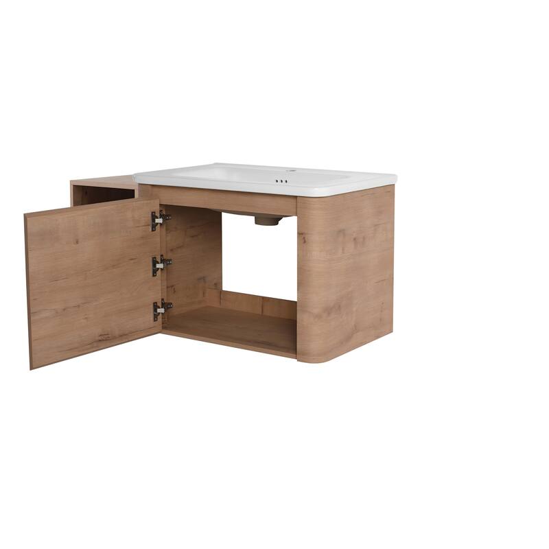 40'' Wall-Mounted Bathroom Vanity with White Ceramic Sink and Storage Shelves & 1-Soft-Close Door, KD-Packing, Plywood