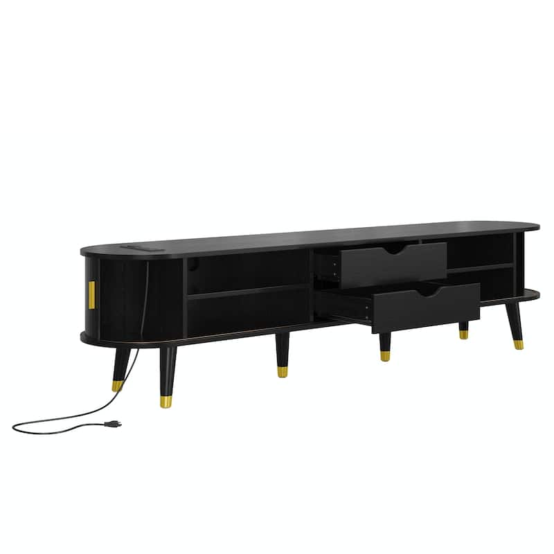 Tv Stand With Charging Station For Tv Up To 80",Mid-Century Media Console With Sliding Tambour Door,Tv Cabinet