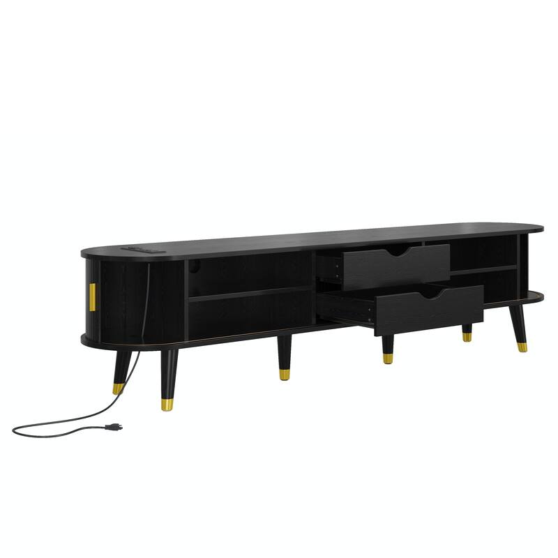 Wooden Oval Fluted TV Stand with Charging Station for TV up to 80", Mid-Century Media Console with Sliding Tambour Door