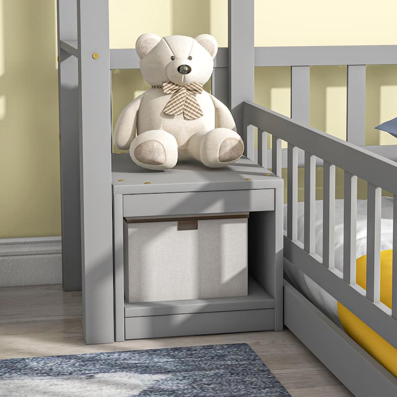 House Shape Headboard Floor Bed with Guardrails, Slats Support, Nightstand