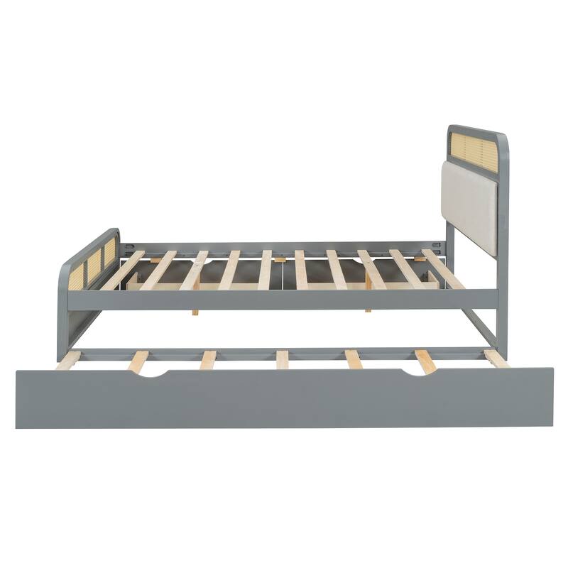 Rattan Platform Bed Queen Wooden Bed Frame with Twin Trundle and 2 Drawers, Headboard with Padded Cushion Mattress Not Included