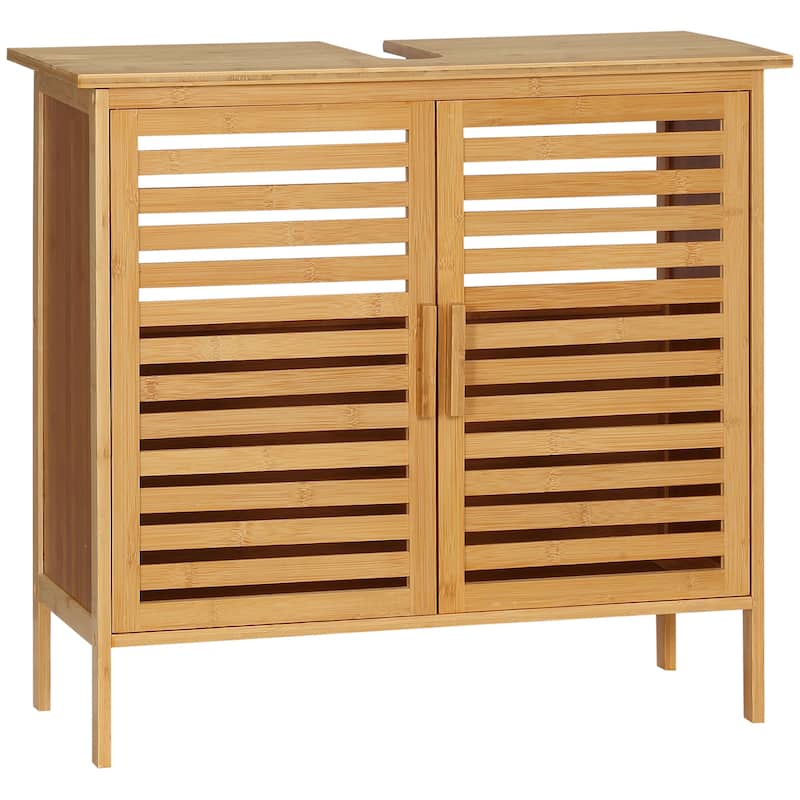 Bamboo Under Sink Cabinet with 2 Slatted Doors, Freestanding Bathroom Sink Cabinet Space Saver Organizer