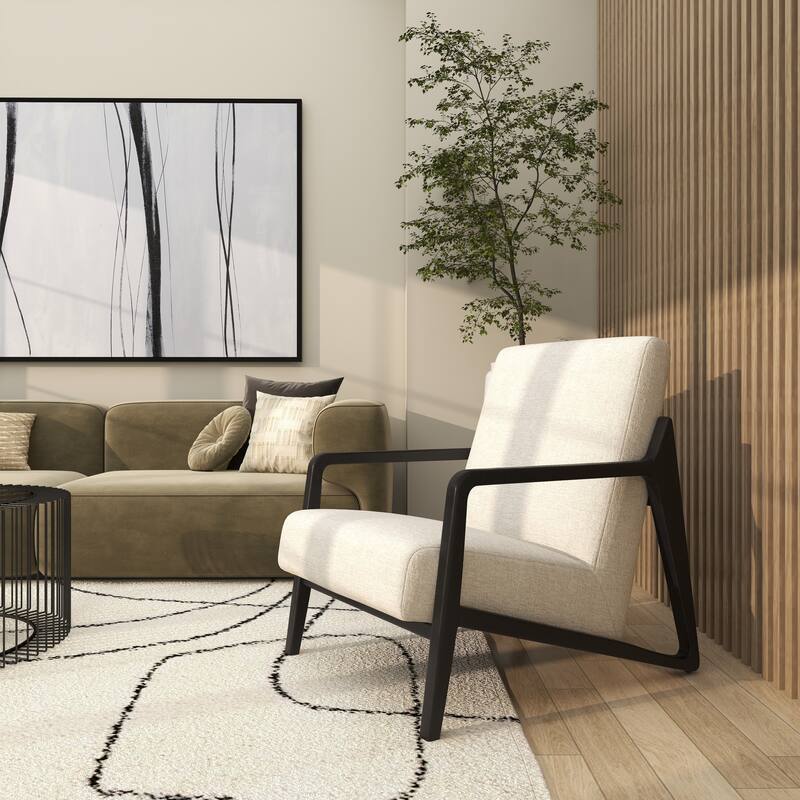 Polyester Mid Century Modern Boucle Accent Chair with Black Wood Frame - Cream - Roche River Decor