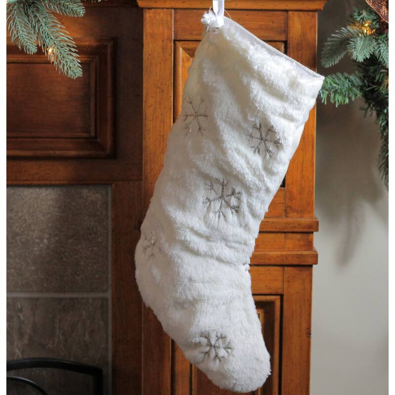 18" White Fur Christmas Stocking with Silver Sequined Snowflakes