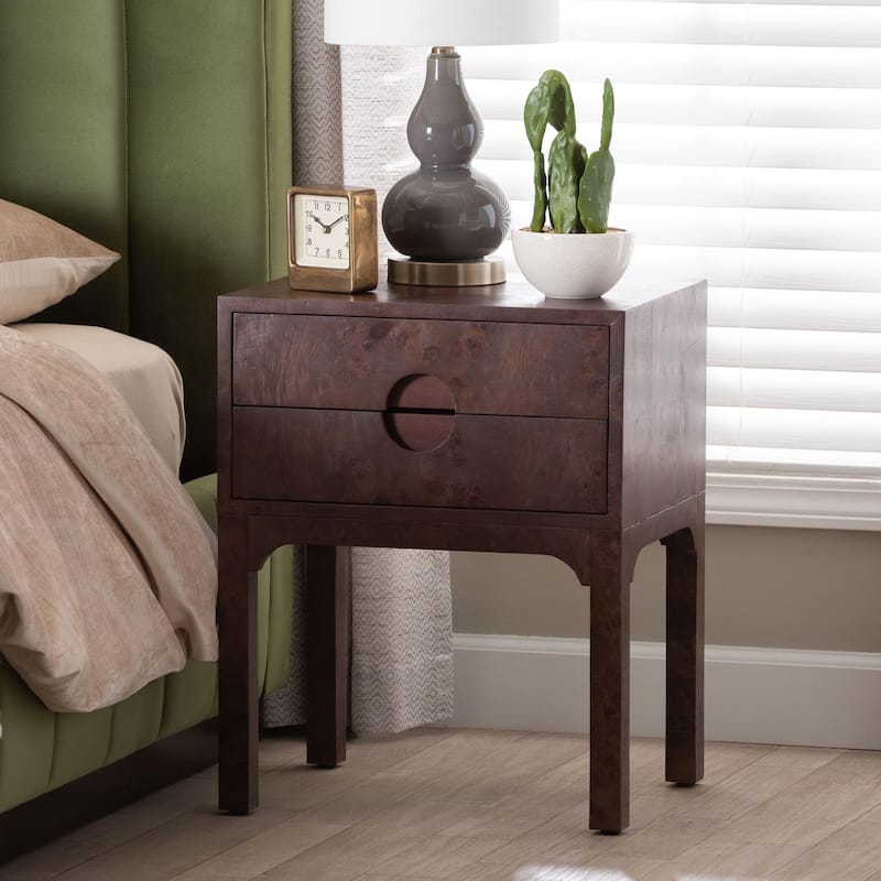 Kayla Modern and Contemporary Natural Light Mappa Real Burl Wood 2-Drawer Nightstand - Dark Walnut