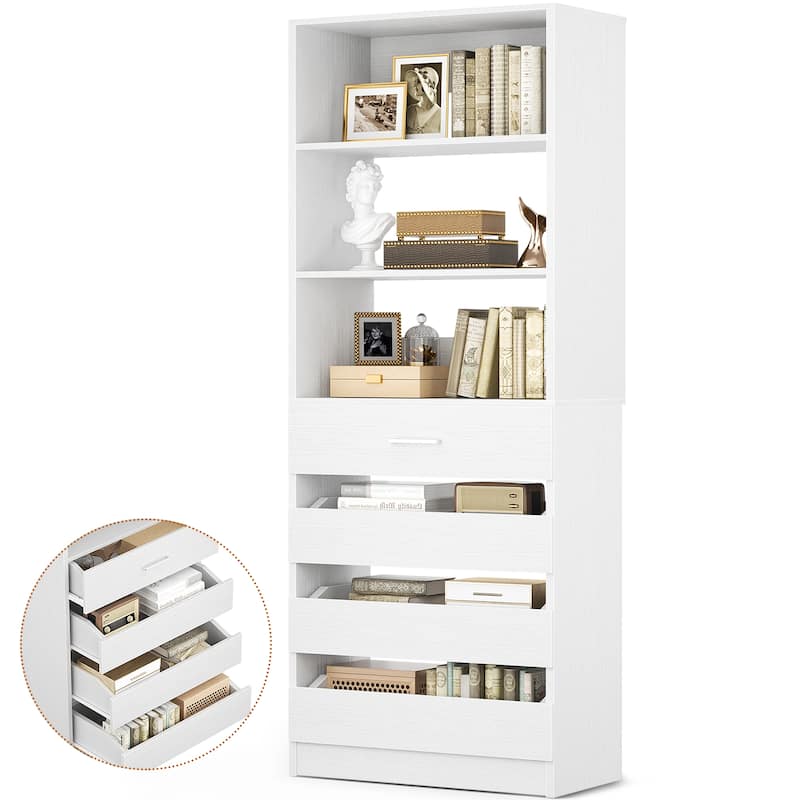 21.3" Storage Cabinet Bookshelf with Charging Station and 3 Wood Drawers, Freestanding Closet System with Storage Shelves