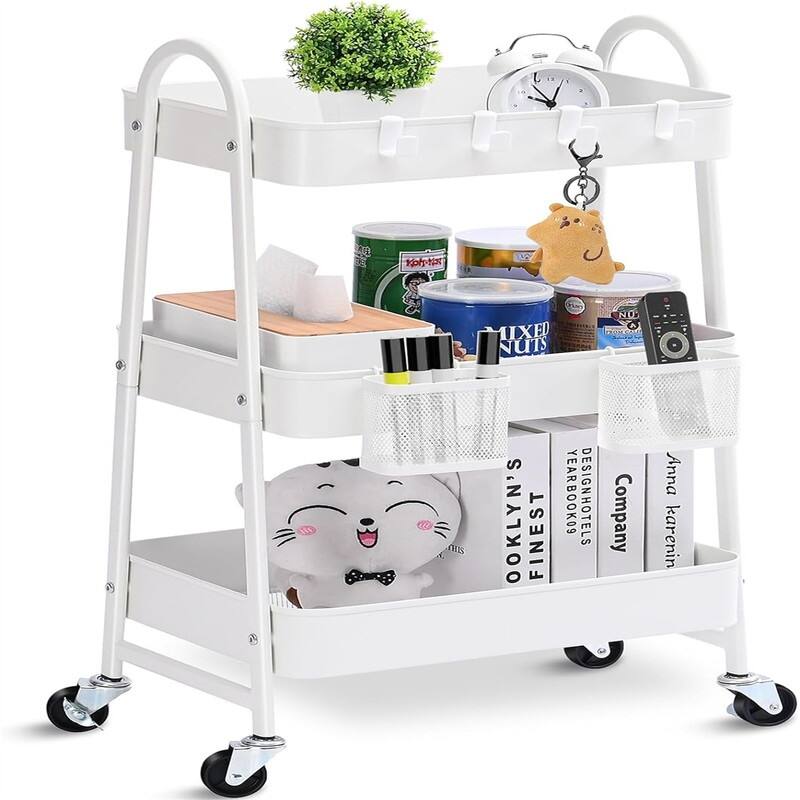 Tier Rolling Cart Metal Rolling Storage Cart with Handle and Lockable Wheels - 12.05"D x 17.52"W x 31.26"H