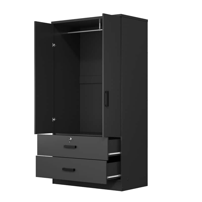 Wood Black Wardrobe Closet With 2 Doors And 2 Drawers ,Bedroom Freestanding Armoire Storage Cabinet With Shelves