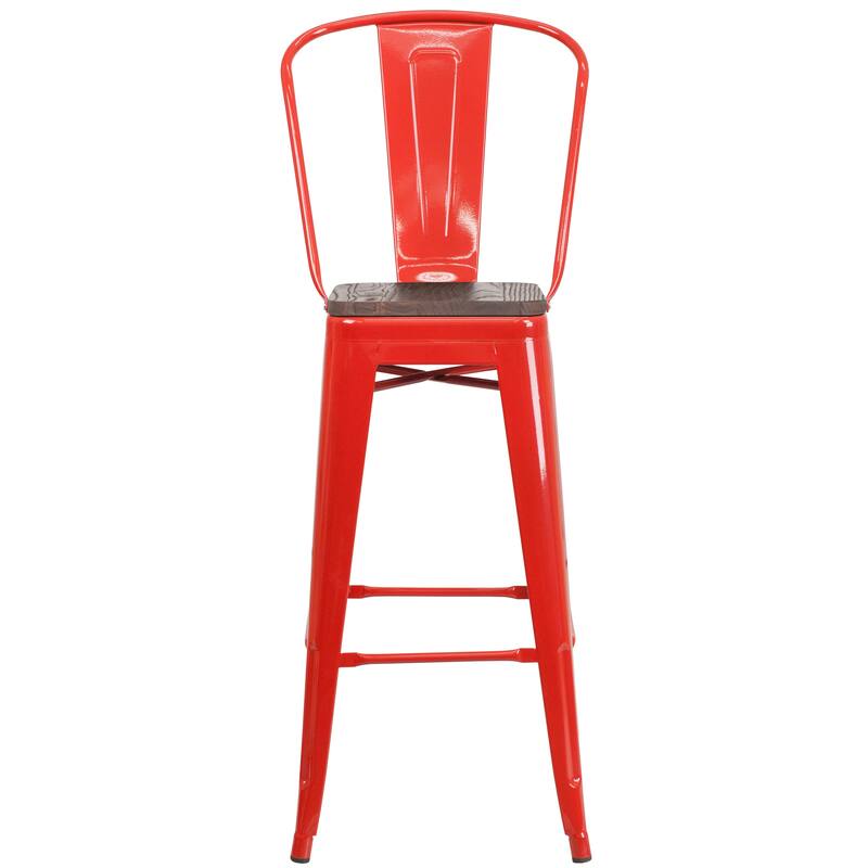 30" High Metal Barstool with Back and Wood Seat - 17.75"W x 20"D x 45.25"H